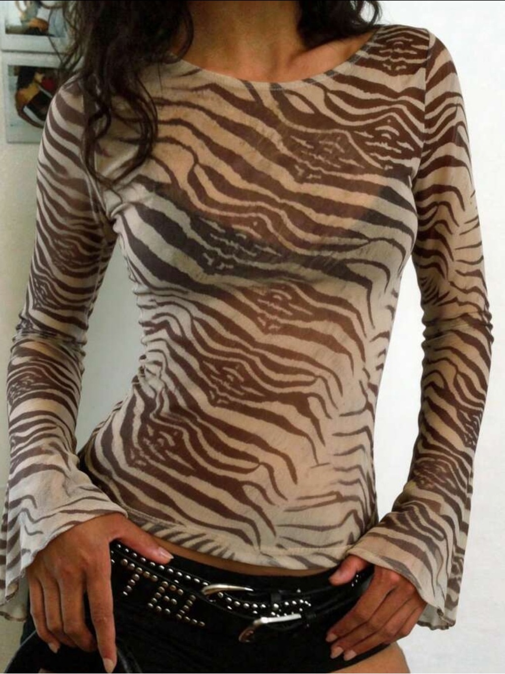 Sheer Tiger-Print Y2K Mesh Stretchy Long-Sleeve Top - Taupe/Beige